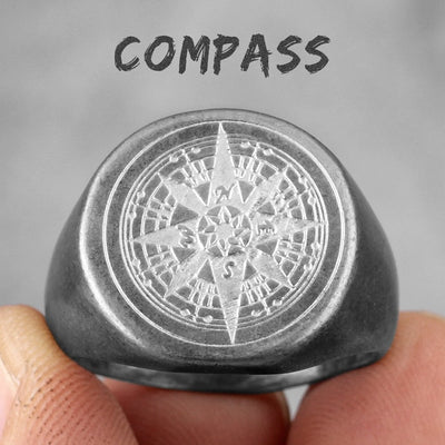 Compass World Map Gold Black Men Rings