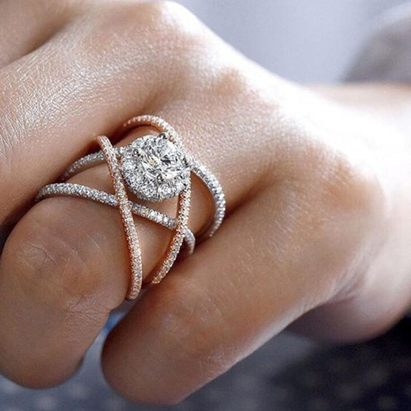 Silver Rose Gold Color Cross Engagement Ring